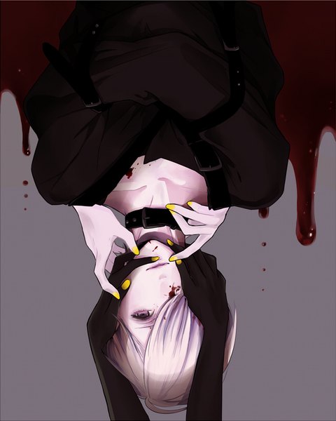 Anime picture 653x817 with lucky dog giulio di bondone komichi96 single tall image looking at viewer fringe simple background purple eyes silver hair hair over one eye grey background upside down hands on another's face boy blood collar hands straitjacket