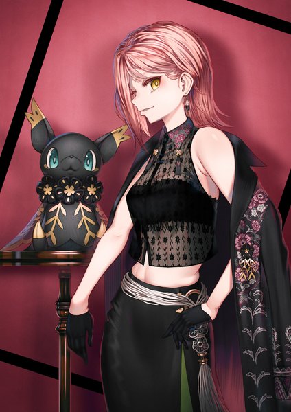 Anime picture 1202x1701 with original sho (sumika) single tall image looking at viewer fringe short hair simple background standing yellow eyes pink hair parted lips profile light smile off shoulder open clothes shadow midriff hand on hip floral print