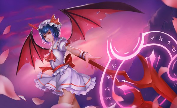 Anime picture 4500x2755 with touhou remilia scarlet aoman de cangshu single looking at viewer highres short hair red eyes wide image blue hair absurdres short sleeves magic bat wings girl skirt hat petals wings wrist cuffs