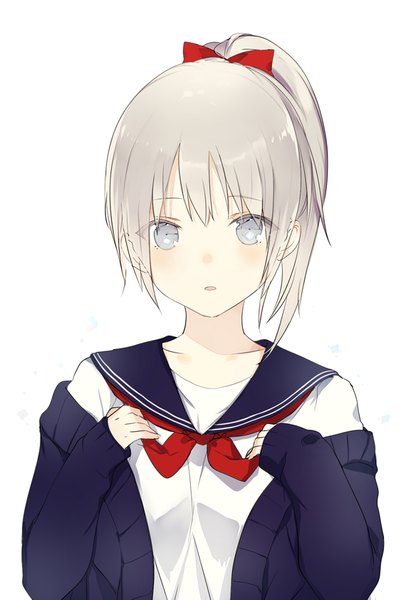 Anime picture 570x842 with original lpip single long hair tall image looking at viewer blush fringe open mouth blue eyes simple background white background ponytail grey hair open clothes sleeves past wrists undressing expressionless girl uniform