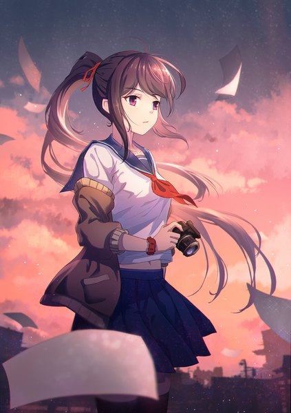 Anime picture 948x1346 with original cha (pixiv12794171) single long hair tall image fringe brown hair standing purple eyes holding payot looking away sky cloud (clouds) ponytail pleated skirt wind open jacket midriff wrist scrunchie