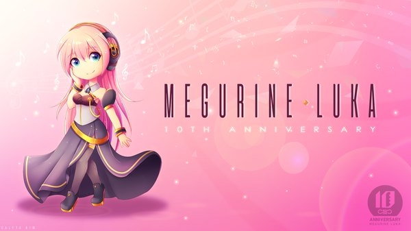 Anime-Bild 2048x1152 mit vocaloid megurine luka megurine luka (vocaloid4) calyta kim single long hair looking at viewer blush fringe highres blue eyes simple background hair between eyes wide image standing signed pink hair full body head tilt character names