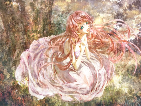 Anime picture 1200x900 with vocaloid megurine luka shikaji kashikai single long hair fringe open mouth bare shoulders green eyes looking away pink hair from above wind girl dress plant (plants) tree (trees) white dress