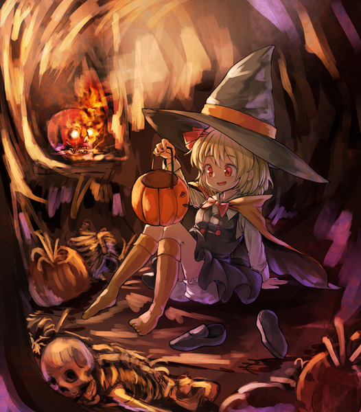 Anime picture 2234x2547 with touhou rumia kushidama minaka single tall image highres short hair blonde hair red eyes sitting full body arm support halloween skeleton shoes removed girl hat socks cape witch hat