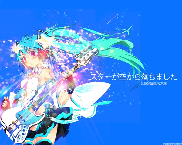 Anime picture 1280x1024 with vocaloid hatsune miku shirokitsune single long hair looking at viewer blush simple background twintails nail polish pink eyes aqua hair wallpaper blue background alternate eye color treble clef girl skirt gloves detached sleeves