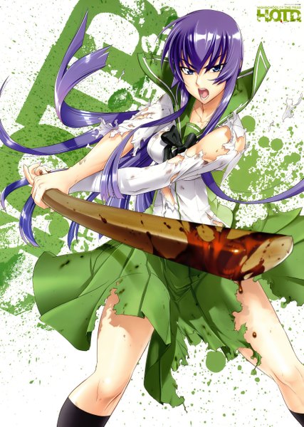 Anime picture 3640x5115 with highschool of the dead madhouse busujima saeko single long hair tall image highres open mouth blue eyes light erotic absurdres purple hair torn clothes girl socks black socks