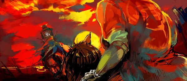 Anime picture 1500x657 with sengoku basara production i.g date masamune katakura kojuurou lily@lee hom (artist) wide image sky cloud (clouds) from behind back evening sunset red background riding boy weapon sword armor katana helmet