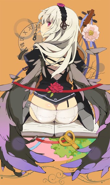 Anime picture 800x1345 with rozen maiden suigintou evers (artist) single long hair tall image light erotic red eyes sitting ass white hair profile looking back black wings girl underwear panties flower (flowers) wings hairband