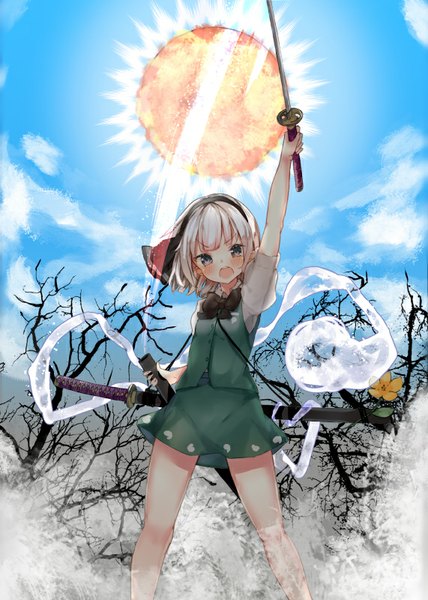 Anime picture 571x800 with touhou konpaku youmu myon yukizumi remon single tall image looking at viewer blush fringe short hair open mouth standing holding sky silver hair cloud (clouds) arm up bare legs silver eyes ghost