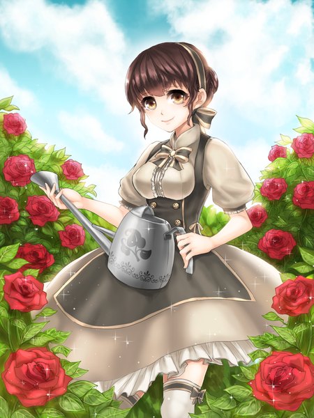 Anime picture 1200x1600 with original sot single tall image short hair brown hair brown eyes cloud (clouds) girl thighhighs dress flower (flowers) white thighhighs hairband rose (roses) red rose watering can