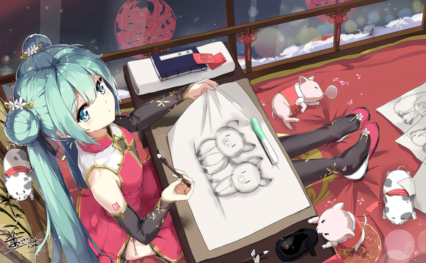 Anime picture 2039x1261 with vocaloid hatsune miku asahi kuroi single long hair looking at viewer blush fringe highres hair between eyes wide image sitting twintails bare shoulders signed payot full body indoors nail polish traditional clothes