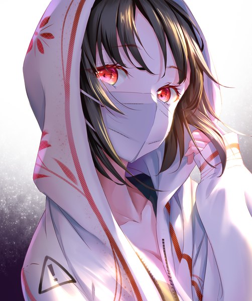 Anime picture 2000x2389 with original amaroku neko single tall image looking at viewer highres short hair black hair simple background red eyes white background upper body sleeves past wrists coronavirus pandemic girl jacket hood surgical mask