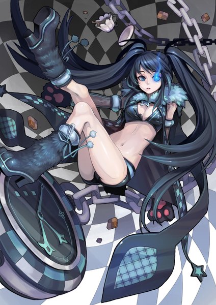 Anime picture 2480x3508 with black rock shooter black rock shooter (character) racoona single tall image looking at viewer highres blue eyes black hair twintails very long hair bare belly glowing glowing eye (eyes) girl navel shorts boots short shorts