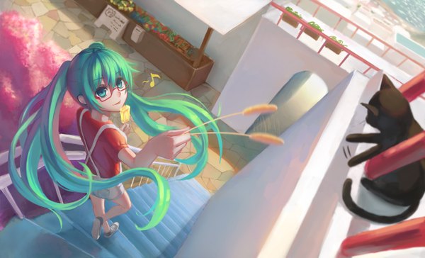 Anime picture 2560x1554 with vocaloid hatsune miku shon long hair highres wide image twintails aqua eyes from above aqua hair walking casual bespectacled girl animal food shorts sweets tongue cat
