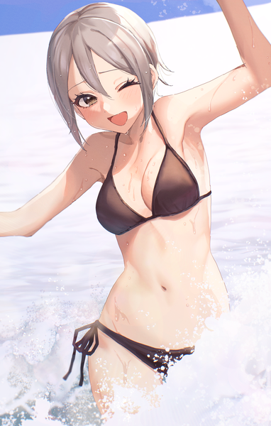 Anime picture 2532x3980 with idolmaster idolmaster cinderella girls shiomi shuuko kudou (sikisiki0000) single tall image looking at viewer blush highres short hair breasts open mouth light erotic smile standing brown eyes sky head tilt arm up grey hair