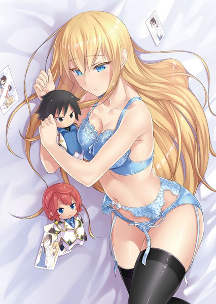 Anime picture 1136x1601 with kuchidome no gohoubi wa dansou otome to ichaero desu orochi itto single long hair tall image blush fringe breasts blue eyes light erotic blonde hair hair between eyes cleavage lying official art underwear only on side novel illustration girl thighhighs