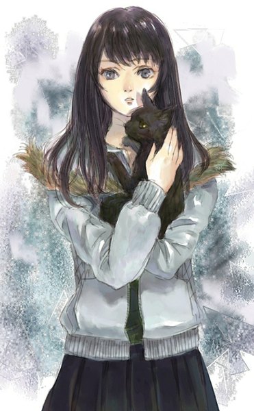 Аниме картинка 1005x1622 с oyabin один (одна) высокое изображение чёлка короткие волосы открытый рот чёрные волосы жёлтые глаза чёрные глаза серые глаза девушка юбка форма школьная форма куртка кот (кошка)