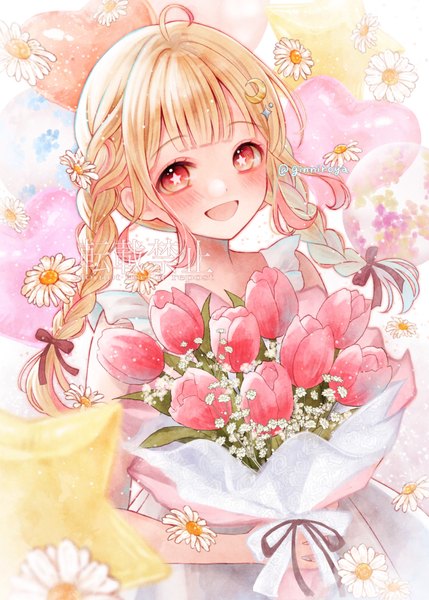 Anime picture 1010x1414 with original ginniroya single long hair tall image looking at viewer blush open mouth blonde hair red eyes signed upper body ahoge braid (braids) :d twitter username twin braids symbol-shaped pupils girl flower (flowers)