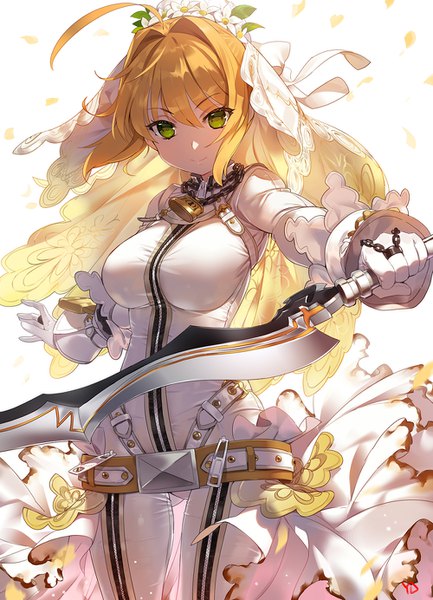 Anime picture 1000x1384 with fate (series) fate/extra fate/extra ccc nero claudius (fate) (all) nero claudius (fate) nero claudius (bride) (fate) yd (orange maru) single tall image looking at viewer fringe short hair breasts blonde hair smile hair between eyes large breasts green eyes signed ahoge