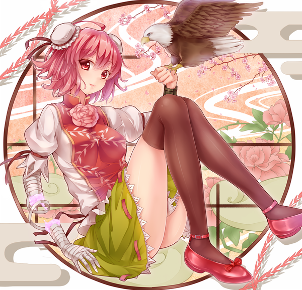 Anime picture 1400x1350 with touhou ibaraki kasen kume (touhou) dabadhi short hair sitting pink hair light smile chinese clothes girl thighhighs flower (flowers) black thighhighs animal shoes bird (birds) chain bandage (bandages) shackles bun cover