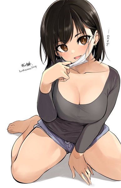 Anime picture 1322x2048 with original kirikirimai (kkm) single tall image looking at viewer blush fringe short hair breasts open mouth black hair smile large breasts sitting brown eyes signed cleavage bent knee (knees) head tilt :d