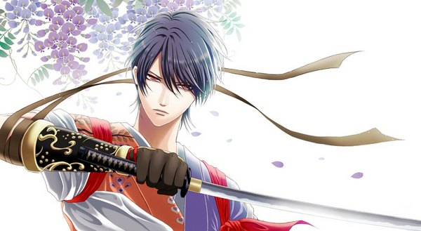 Anime picture 1093x600 with shadow hearts kurando maron single short hair simple background red eyes wide image white background holding blue hair wind boy gloves ribbon (ribbons) weapon plant (plants) sword katana