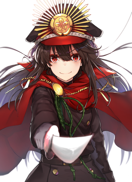 Anime picture 1210x1665 with fate (series) fate/grand order koha-ace oda nobunaga (fate) (all) oda nobunaga (fate) black cola single long hair tall image looking at viewer fringe black hair simple background smile hair between eyes red eyes white background holding upper body wind