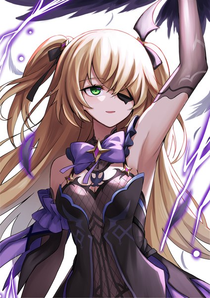 Anime picture 4961x7016 with genshin impact fischl (genshin impact) oz (genshin impact) karadborg single long hair tall image blush fringe highres simple background blonde hair hair between eyes standing white background green eyes payot absurdres arm up armpit (armpits)