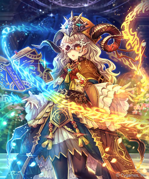 Anime picture 1000x1200 with shadowverse tagme (character) madogawa single long hair tall image fringe open mouth blonde hair standing looking away blunt bangs long sleeves horn (horns) wide sleeves official art orange eyes magic covering eye (eyes) girl