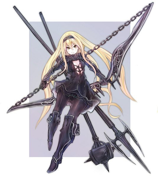Anime picture 1056x1183 with original akaitera single long hair tall image blonde hair yellow eyes girl gloves bow weapon hair bow pantyhose elbow gloves armor chain bow (weapon)