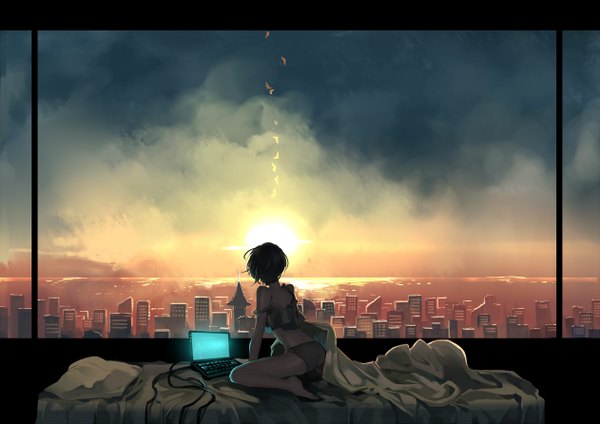 Anime picture 1262x892 with original kyouichi short hair light erotic black hair sitting looking away indoors barefoot off shoulder bare legs city wariza evening sunset horizon cityscape strap slip landscape scenic