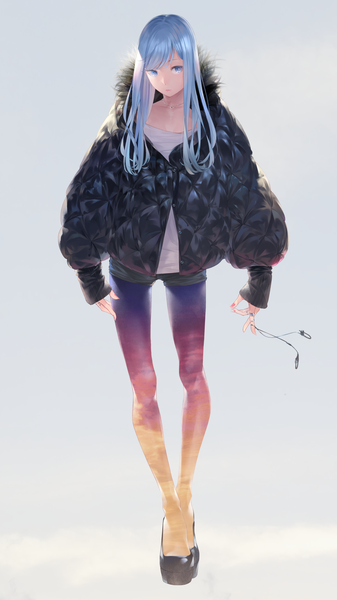 Anime picture 1080x1921 with original sousou (sousouworks) single long hair tall image looking at viewer fringe simple background standing holding full body nail polish aqua eyes aqua hair grey background fur trim sleeves past wrists reflection partially open clothes unbuttoned