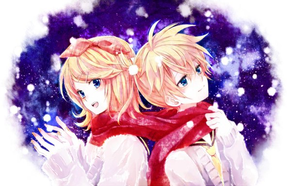 Anime picture 1843x1181 with vocaloid kagamine rin kagamine len serinavvv looking at viewer highres short hair open mouth blue eyes blonde hair upper body tail light smile snowing winter pale skin twins shared scarf girl boy