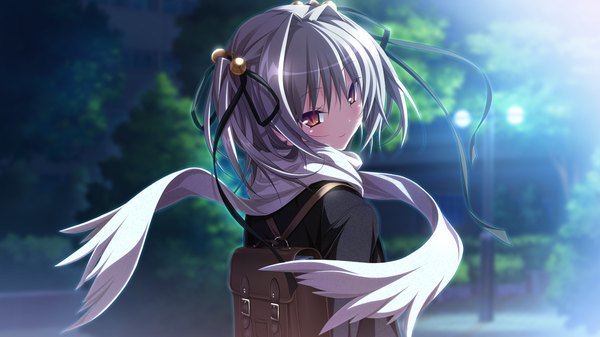 Anime picture 1280x720 with hapymaher purple software naitou maia koku single short hair red eyes wide image game cg looking back light smile grey hair night girl ribbon (ribbons) hair ribbon scarf bell school bag jingle bell