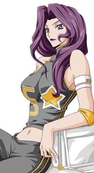 Anime picture 1070x1961 with code geass sunrise (studio) cornelia li britannia single long hair tall image breasts simple background smile large breasts white background purple eyes looking away purple hair lips alternate costume lipstick girl star (symbol) bag