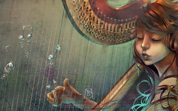 Anime picture 1920x1200 with original sylphielmetallium long hair highres brown hair wide image eyes closed multicolored hair lips music water water drop musical instrument musical note harp
