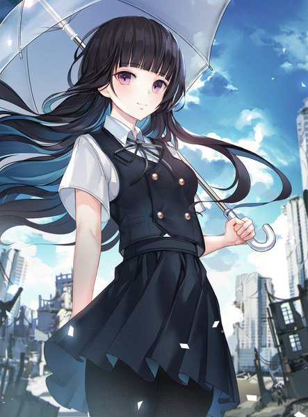 Anime picture 1200x1623 with original unity (ekvmsp02) single long hair tall image looking at viewer blush fringe black hair smile purple eyes holding sky cloud (clouds) outdoors blunt bangs pleated skirt multicolored hair wind blurry