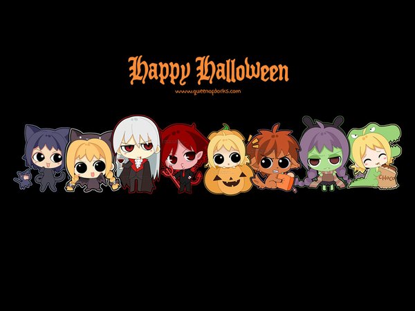 Anime picture 1024x768 with animal ears cat ears wallpaper happy halloween chibi vampire happy halloween vegetables jack-o'-lantern bat pumpkin alligator