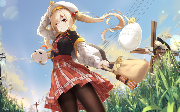 Anime picture 2039x1274 with original jina asahi kuroi single long hair looking at viewer blush fringe highres open mouth blonde hair wide image standing twintails holding signed yellow eyes sky cloud (clouds) ahoge