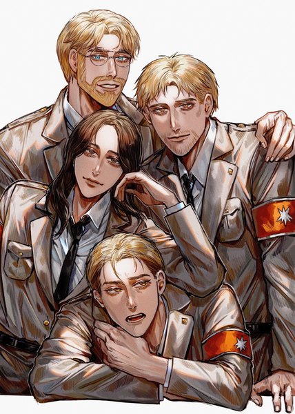 Anime picture 2328x3264 with shingeki no kyojin production i.g reiner braun pieck finger zeke yeager porco galliard mediekg (medievalknightgun) long hair tall image looking at viewer highres short hair open mouth blue eyes simple background blonde hair smile brown hair white background brown eyes