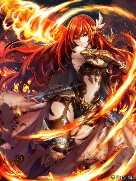 Anime picture 2250x3000 with original tao (taobooon) single long hair tall image looking at viewer highres breasts light erotic red eyes red hair braid (braids) girl thighhighs gloves hair ornament weapon black thighhighs sword black gloves