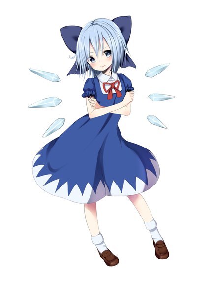 Anime picture 1265x1770 with touhou cirno pokachu single tall image looking at viewer short hair blue eyes simple background standing white background blue hair full body short sleeves puffy sleeves crossed arms girl dress ribbon (ribbons) bow