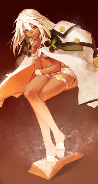 Anime picture 740x1390 with guilty gear guilty gear xrd ramlethal valentine kanata (alezan) single long hair tall image simple background smile sitting looking away white hair fingernails teeth orange eyes grin crossed legs dark skin sharp teeth girl