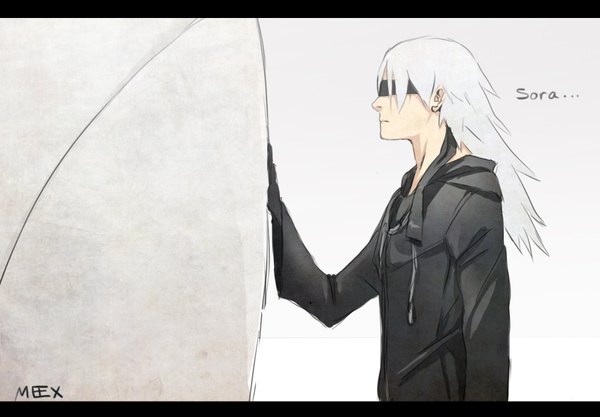Anime picture 1800x1252 with kingdom hearts square enix riku (kingdom hearts) meexart single long hair highres blonde hair standing signed white hair profile inscription letterboxed blindfold boy