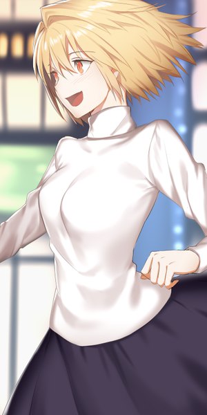 Anime picture 400x800 with shingetsutan tsukihime type-moon arcueid brunestud carchet single tall image blush fringe short hair breasts open mouth blonde hair smile hair between eyes standing looking away outdoors :d wind orange eyes