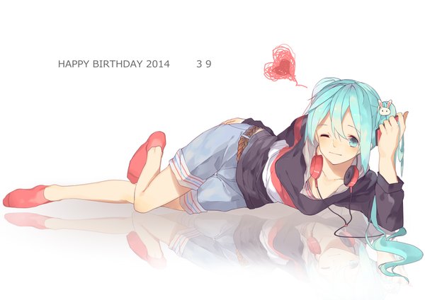 Anime picture 4169x2952 with vocaloid hatsune miku ryuutsuki basetsu single long hair looking at viewer highres white background twintails absurdres one eye closed aqua eyes wink aqua hair happy birthday 39 girl socks shorts headphones