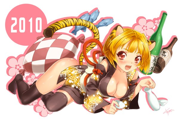 Anime picture 1700x1134 with original kayou (kayou-bi) looking at viewer blush short hair breasts light erotic blonde hair red eyes signed animal ears cleavage tail japanese clothes cat girl new year checkered 2010 girl thighhighs