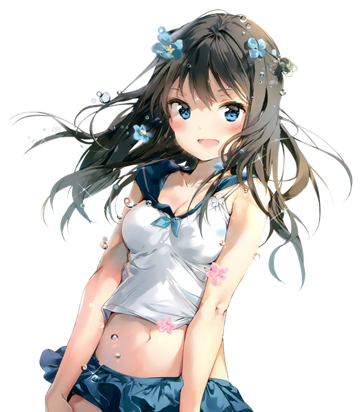 Anime picture 1953x2228 with original anmi eazl1999 single long hair tall image looking at viewer blush highres open mouth blue eyes light erotic black hair hair flower sparkle happy transparent background rendered girl skirt