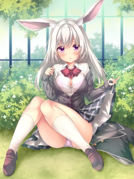 Anime picture 1000x1333 with original ryo (botugo) single long hair tall image looking at viewer blush fringe breasts open mouth light erotic hair between eyes sitting purple eyes animal ears payot silver hair full body bent knee (knees) outdoors