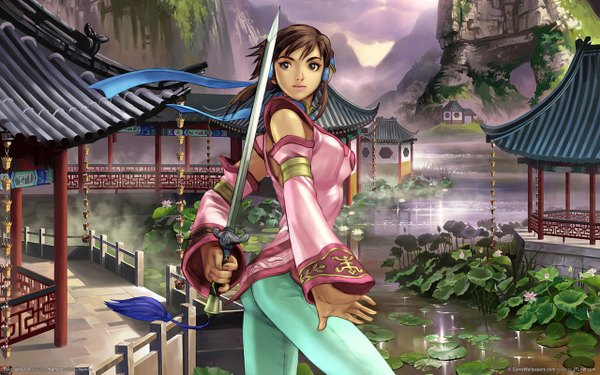 Anime picture 1280x800 with soulcalibur soulcalibur iii xianghua brown hair wide image brown eyes lips mountain weapon sword